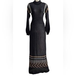Vintage Wenjilli Chic Black and Gold Long Sleeve Maxi Dress